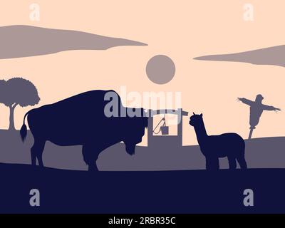 Flat Illustration of Bison and Alpaca in Farm Live. Silhouette Vector Illustration. Stock Vector