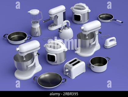 Electric kitchen appliances and utensils for making breakfast on violet  background. 3d render of kitchenware for cooking, baking, blending and  whippin Stock Photo - Alamy
