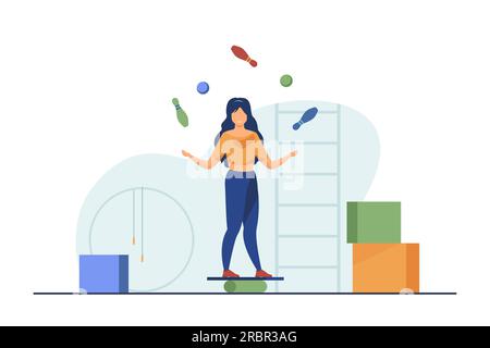 Woman balancing and juggling with skittles and balls Stock Vector