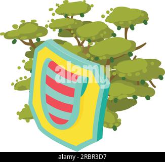 Multicolored shield icon isometric vector. Bright shield on big tree background. Protection concept, historical period Stock Vector