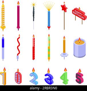 Birthday candles icons set isometric vector. Number year. Age party Stock Vector