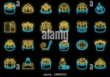 Stir fried ice cream icons set outline vector. Thai roll. Food taco neon color on black Stock Vector