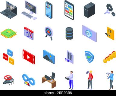 Software Developer icons set isometric vector. Team website. Company solution Stock Vector