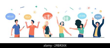 Happy young people saying hello in different languages Stock Vector