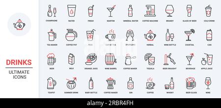 Drinks trendy red black thin line icons set vector illustration. Restaurant bar menu collection with mineral water, alcohol cocktails, fruit vitamin juice, hot coffee and tea, champagne and beer glass Stock Vector