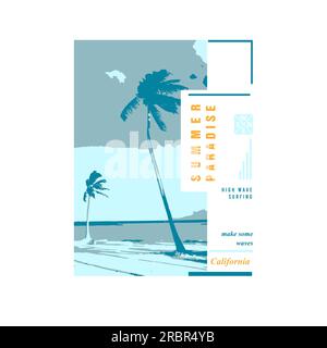 Summer Paradise beach  scene  t-shirt and apparel design with palm tree  silhouettes, typography, print, vector illustration Stock Vector