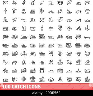 100 catch icons set. Outline illustration of 100 catch icons vector set isolated on white background Stock Vector