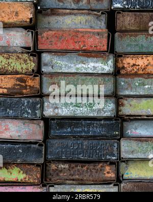 Multicoloured scaffolding planks - UK Stock Photo