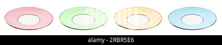 Set of multicolored porcelain saucers cutout. Pink, green, yellow and blue plates isolated on a white background. Empty tableware for food design. Stock Photo