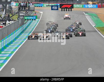 Towcester, UK. 09th July, 2023. Silverstone, Towcester, Northamptonshire, UK on July 09 2023. The start of the Formula 1 race at the Formula 1 Aramco British Grand Prix at Silverstone, Towcester, Northamptonshire, UK on July 09 2023. Credit: Francis Knight/Alamy Live News Stock Photo