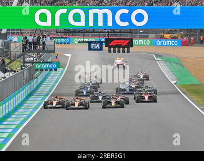 Towcester, UK. 09th July, 2023. Silverstone, Towcester, Northamptonshire, UK on July 09 2023. The start of the Formula 1 race at the Formula 1 Aramco British Grand Prix at Silverstone, Towcester, Northamptonshire, UK on July 09 2023. Credit: Francis Knight/Alamy Live News Stock Photo