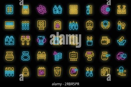 Art workshop icons set outline vector. School tools. Classroom baby neon color on black Stock Vector