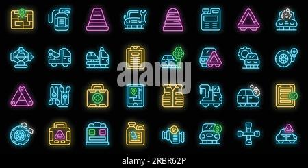 Roadside assistance icons set outline vector. Car accident. Broken vehicle neon color on black Stock Vector