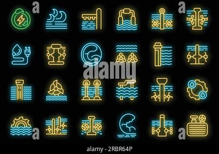 Tidal energy icons set outline vector. Green ecology. Electric recycle neon color on black Stock Vector