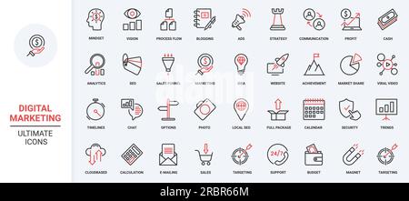 Business management, digital marketing, social media strategy red black thin line icons set vector illustration. Business technology esearch market, target information advertising campaign product Stock Vector