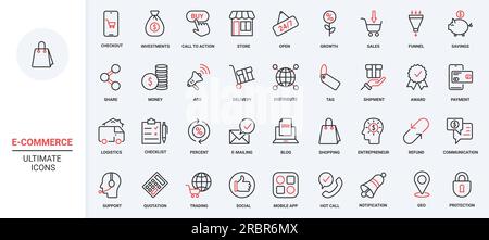 Ecommerce trendy red black thin line icons set vector illustration. Online business collection with mobile apps orders delivery and payment, customer support service communication, retail store sales Stock Vector