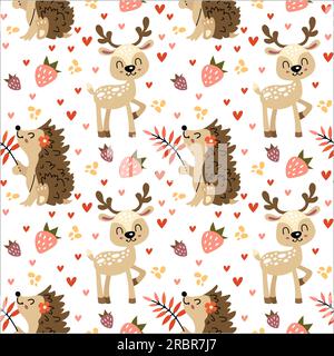 Pattern with hedgehogs and deer. Forest seamless pattern with cute animals. Vector illustration on a white background. Stock Vector