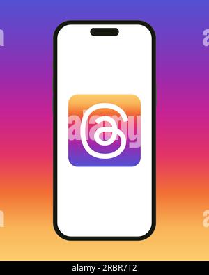 Kyiv, Ukraine - July 10 2023: Threads Instagram app on the smartphone iPhone 14 screen on colorful background. Mockup phone with Threads logo. New soc Stock Vector