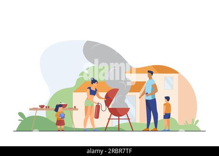 Mother holding fire extinguisher extinguishing burnt barbecue Stock Vector