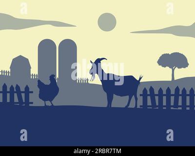 Flat Illustration of Chicken and Goat in Farm Live. Silhouette Vector Illustration. Stock Vector
