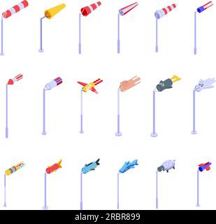 Windsock icons set isometric vector. Winter nature. Weather cloud Stock Vector