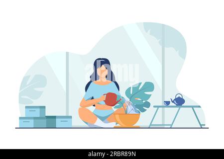 Woman sitting on floor and watering plant Stock Vector