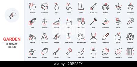 Garden tools and cultivation of agriculture harvest red black thin line icons set vector illustration. Gardening works and equipment to care grass on lawn, grow farm vegetables and fruit. Stock Vector