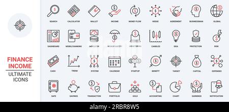 Money income and expenses, global finance red black thin line icons set vector illustration. Cash flow, bank agreement and accounting, wallet savings and security of banking mobile app. Stock Vector