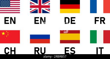 Flag Set including USA, UK, Germany, France, China, Russia, Spain, and Italy Flags for English, German, French, Chinese, Russian, Spanish and Italian. Stock Vector