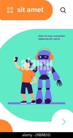 Boy taking selfie with humanoid Stock Vector