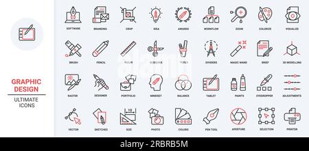Graphic design red black thin line icons set vector illustration. Tools for creative projects of designer, software and stationery for interface panel in mobile app, pack for creators portfolio. Stock Vector