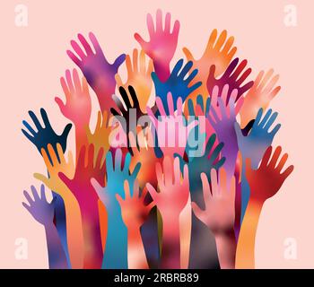 Poster with volunteer people with raised arms. People diversity. Charitable donation. Support and assistance. Multicultural community. NGO. Aid. Help. Stock Vector