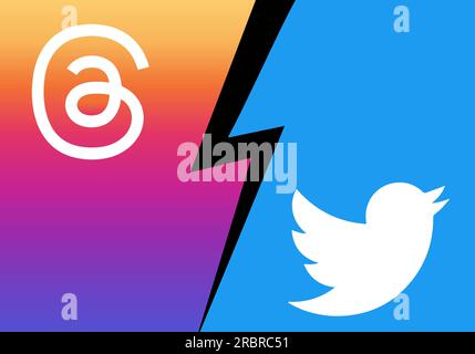 Kyiv, Ukraine - July 10 2023: Threads application versus Twitter app. Battle for users between two popular online social networks. Instagram vs Twitte Stock Vector