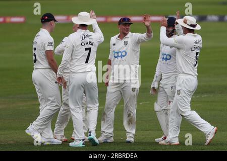 Chester le Street, UK. 10th July 2023. Durham's Matt Parkinson celebrates with his team mates after claiming the wicket of Gloucestershire's Miles Hammond during the LV= County Championship Division Two match between Durham and Gloucestershire at the Seat Unique Riverside, Chester le Street on Monday 10th July 2023. (Photo: Mark Fletcher | MI News) Credit: MI News & Sport /Alamy Live News Stock Photo