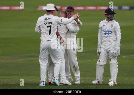 Chester le Street, UK. 10th July 2023. Durham's Matt Parkinson celebrates with his team mates after claiming the wicket of Gloucestershire's Miles Hammond during the LV= County Championship Division Two match between Durham and Gloucestershire at the Seat Unique Riverside, Chester le Street on Monday 10th July 2023. (Photo: Mark Fletcher | MI News) Credit: MI News & Sport /Alamy Live News Stock Photo