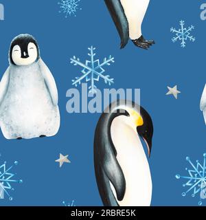 Watercolor winter seamless pattern illustration of a king penguin under snowflakes isolated. Hand painting realistic Arctic and Antarctic ocean mammal Stock Photo