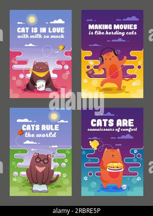Creative flyers design with cats vector illustration set Stock Vector