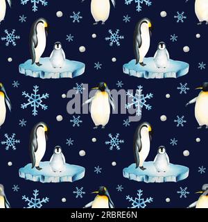 Watercolor seamless pattern with king penguin family on the floating ice isolated. Hand painting realistic Arctic and Antarctic ocean mammals. For des Stock Photo