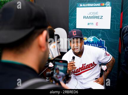 American League's José Ramírez, of the Cleveland Guardians, celebrates a  base hit during the MLB All-Star baseball game against the National League  in Seattle, Tuesday, July 11, 2023. (AP Photo/Lindsey Wasson Stock