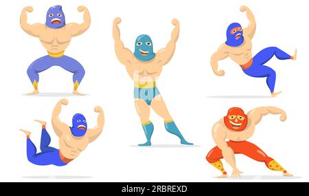 Mexican fighters in masks flat item set Stock Vector