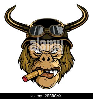 Gorilla in a biker helmet and with a cigar. Vector illustration of primates. angry gorilla head Stock Vector
