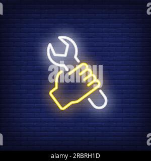 Hand with wrench neon sign Stock Vector