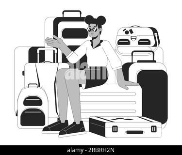 Suitcase pile girl bw vector spot illustration Stock Vector