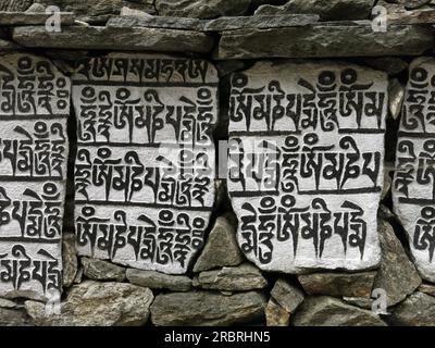 Mani wall, buddhist mantra carved in stones, Nepal Stock Photo