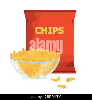 Crispy ripple potato chips flying into pack, vector realistic snacks package. design illustration icon for food and beverage business, potato snack br Stock Vector