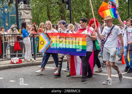 Participants representing The London Borough of Barking and Dagenham in the annual London Pride event on 1st July 2023 on Piccadilly in London Stock Photo