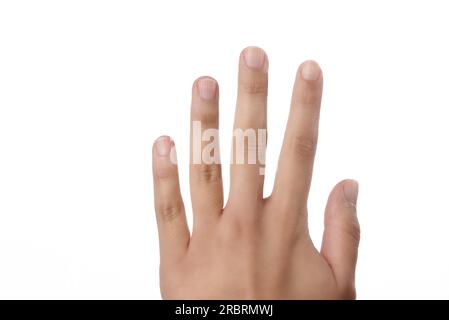 Fingers on the left hand of a young woman viewed from above showing the finger nails isolated on white Stock Photo
