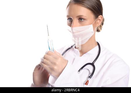 Erotic nurse with big breasts in a medical laboratory Stock Photo
