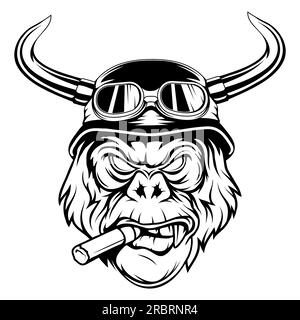 Gorilla in a biker helmet and with a cigar. Vector illustration of primates. Sketch of an angry gorilla head Stock Vector