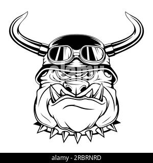 Bulldog in a biker helmet. Vector illustration of a sketch popular animal cartoon. Angry animal. domestic pet Stock Vector